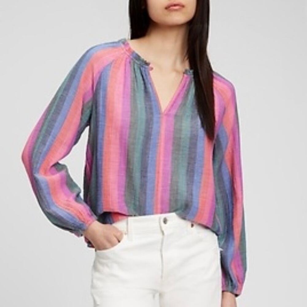 NWT Gap Colorful Crinkle Gauze Ruffle Neck Boho Peasant Top Striped Size M